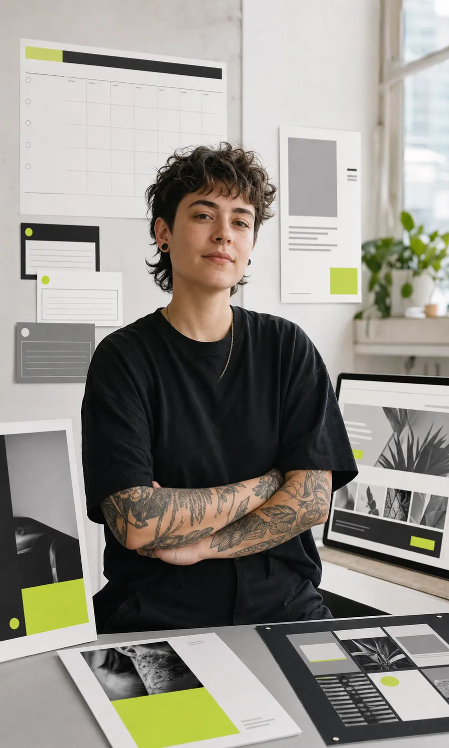 Artist tattoo într-un spațiu de lucru cu materiale de marketing